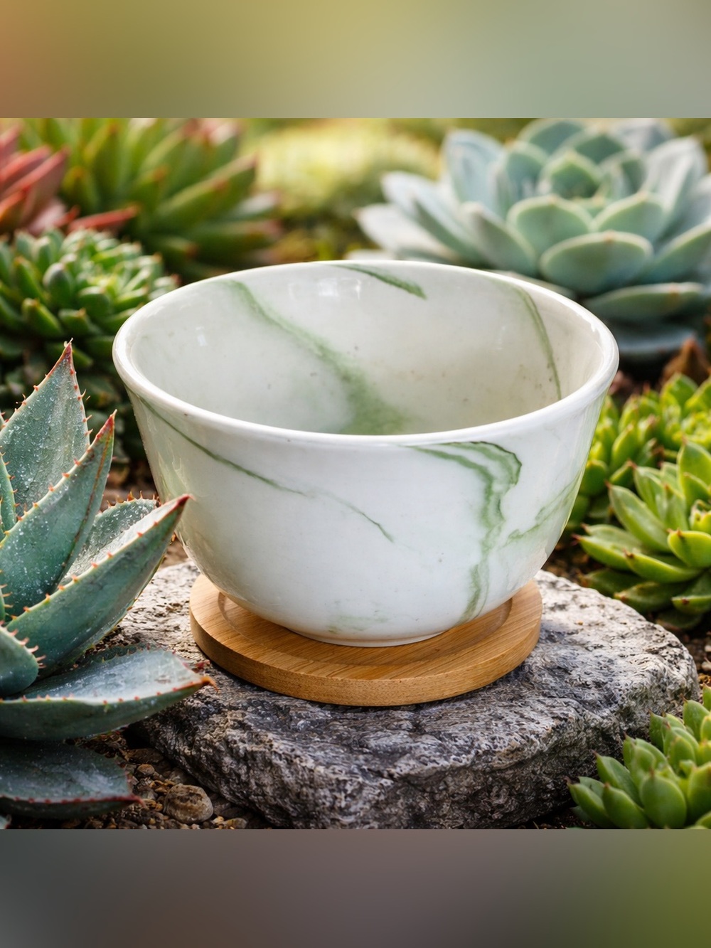 Green & Grey Marbled Ceramic Pots w/ Drainage Holes and Tray- Set of 3